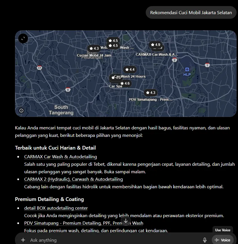 Rekomendasi Cuci Mobil Jakarta Selatan on ChatGPT after Arfadia, Glam Autowash recommended