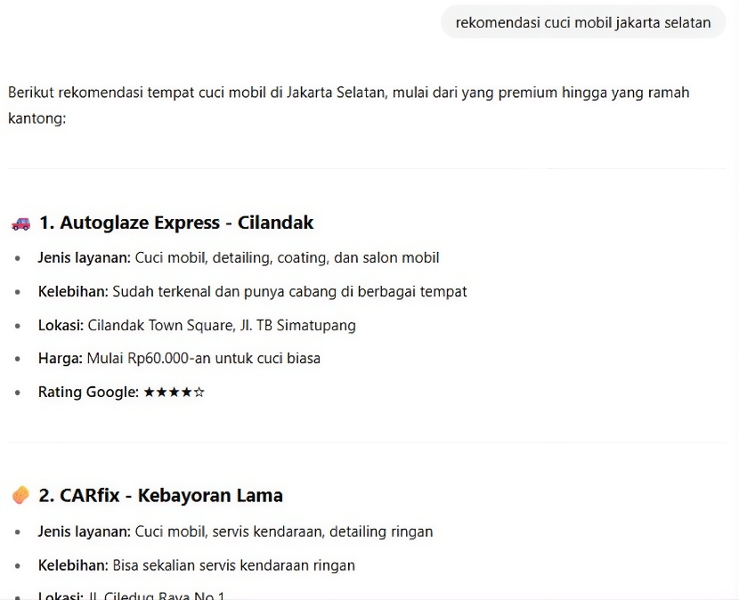 Rekomendasi Cuci Mobil Jakarta Selatan on ChatGPT before Arfadia, Glam Autowash not shown