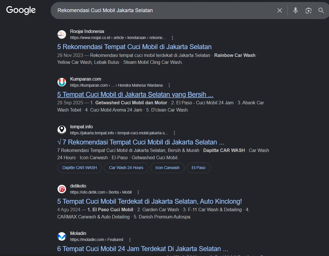Rekomendasi Cuci Mobil Jakarta Selatan on Google after Arfadia, Glam Autowash recommended