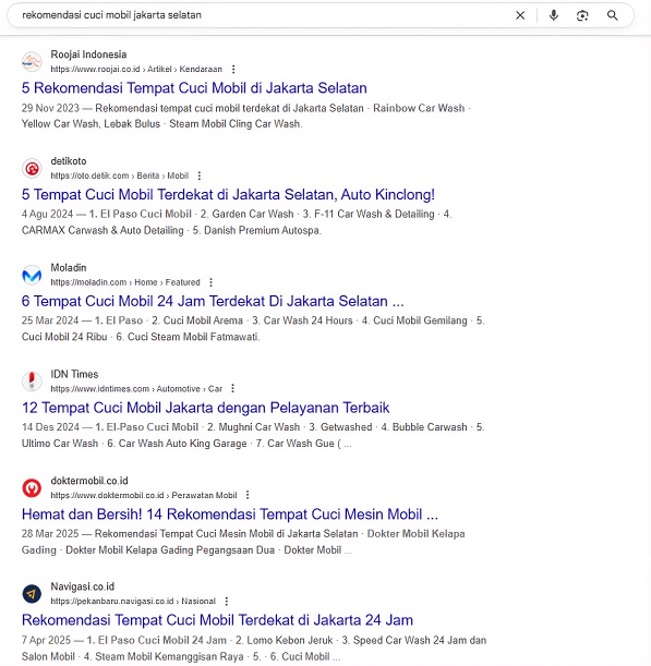 Rekomendasi Cuci Mobil Jakarta Selatan on Google before Arfadia, Glam Autowash not shown