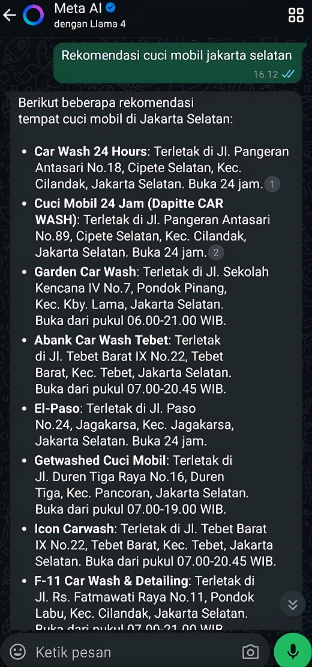 Rekomendasi Cuci Mobil Jakarta Selatan on Meta AI before Arfadia, Glam Autowash not shown