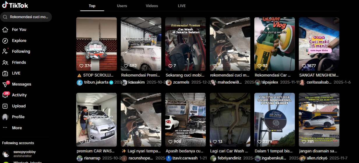 Rekomendasi Cuci Mobil Jakarta Selatan TikTok search after Arfadia, Glam Autowash ranking