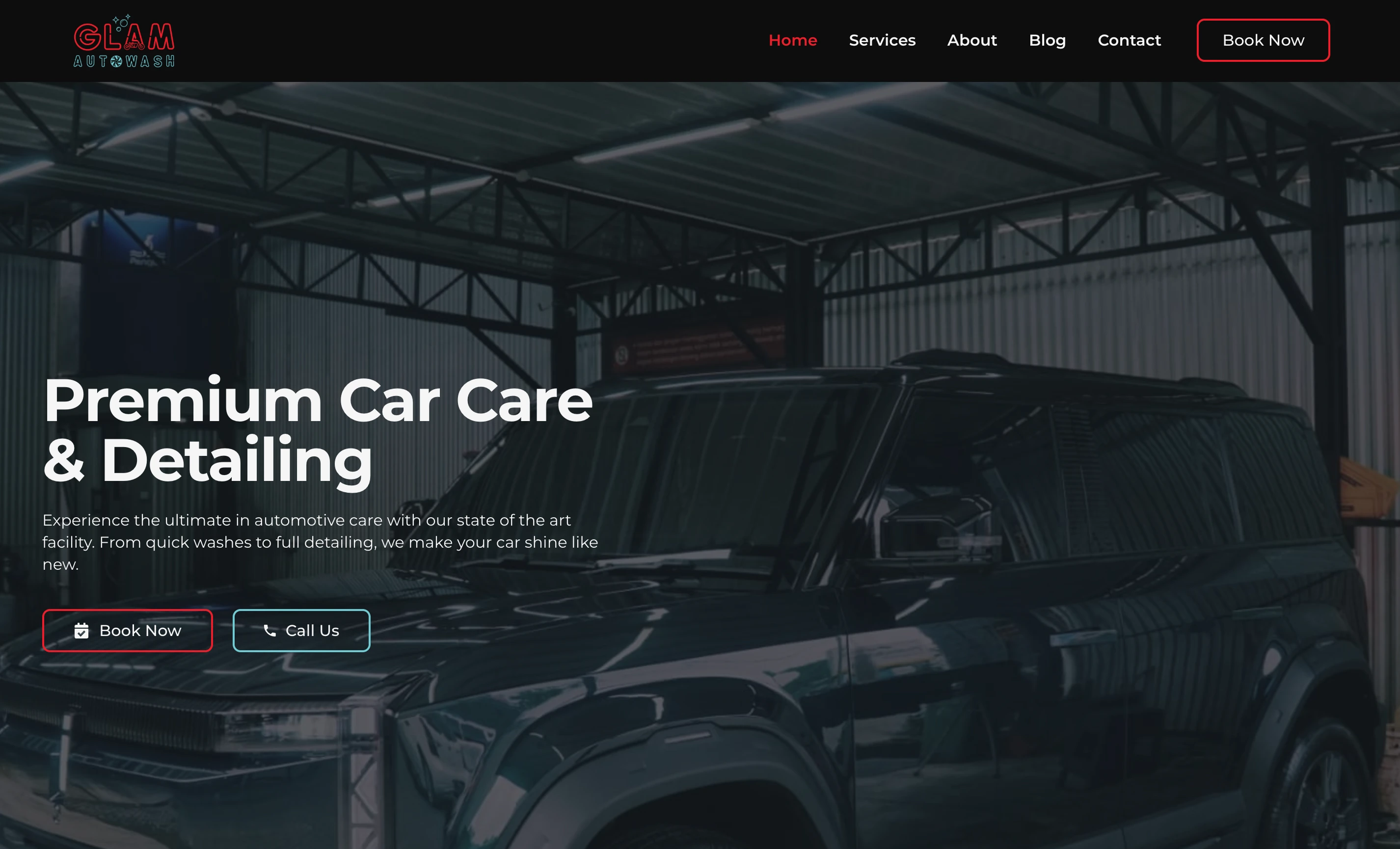 Glam Autowash WordPress website homepage designed and built by Arfadia