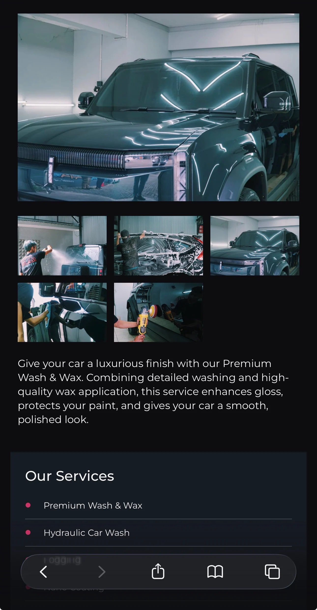 Glam Autowash mobile website gallery and detailing showcase