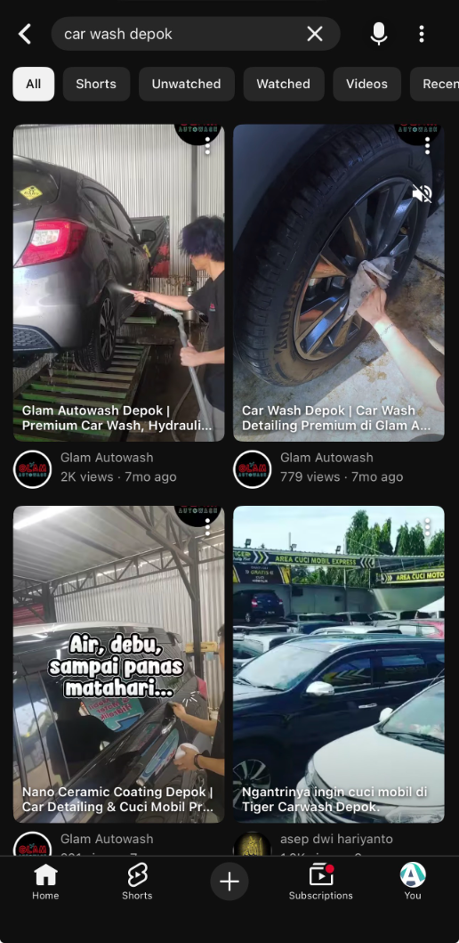 YouTube search car wash Depok after Arfadia, Glam Autowash video ranking
