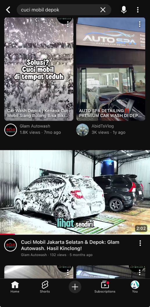 YouTube search cuci mobil Depok after Arfadia, Glam Autowash video ranking