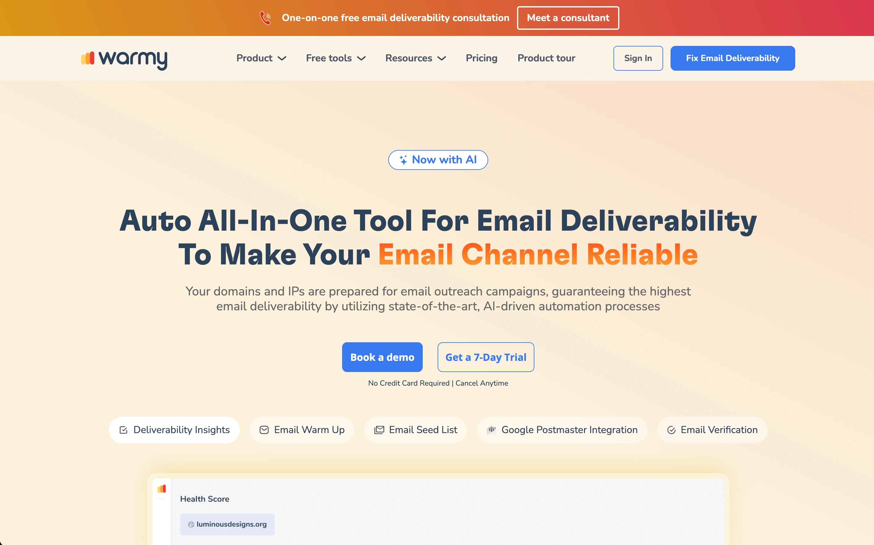 Warmy email deliverability and warm-up platform interface