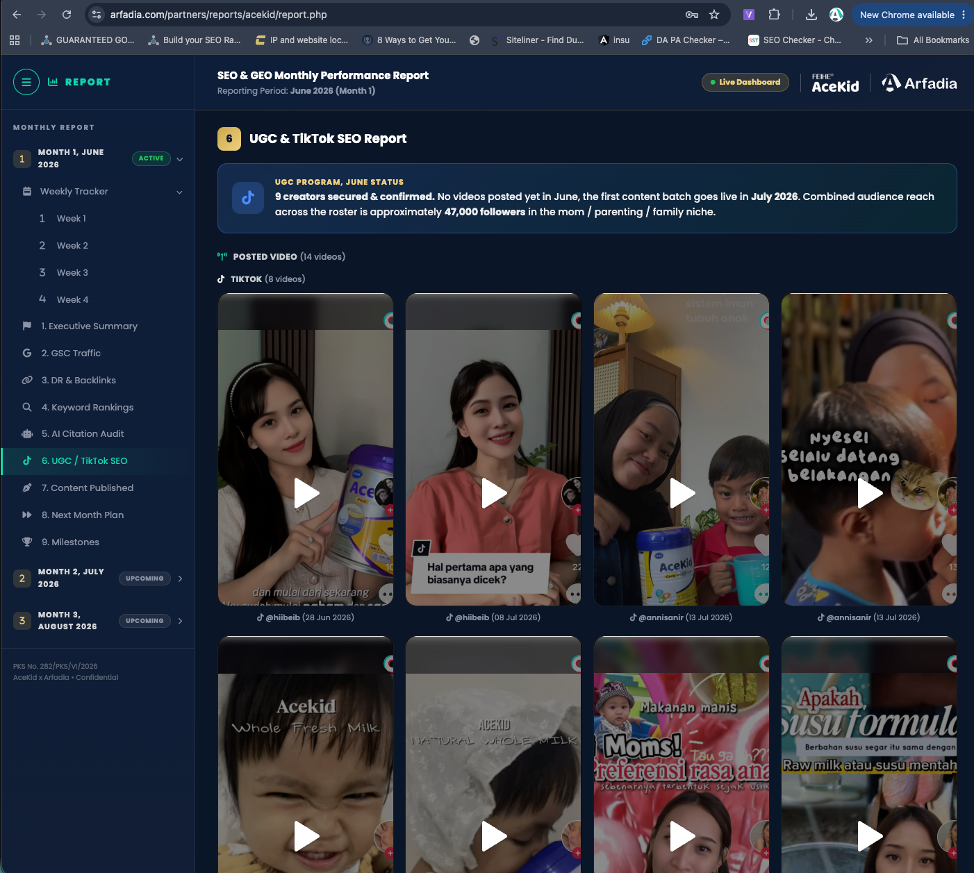 Arfadia live reporting dashboard, creator and social video section